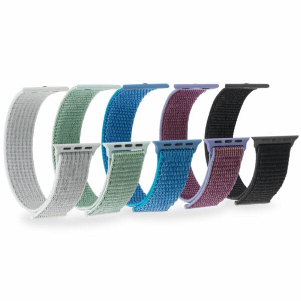 Five Bi-Tapp Bands curved white, green, blue, purple and black.
