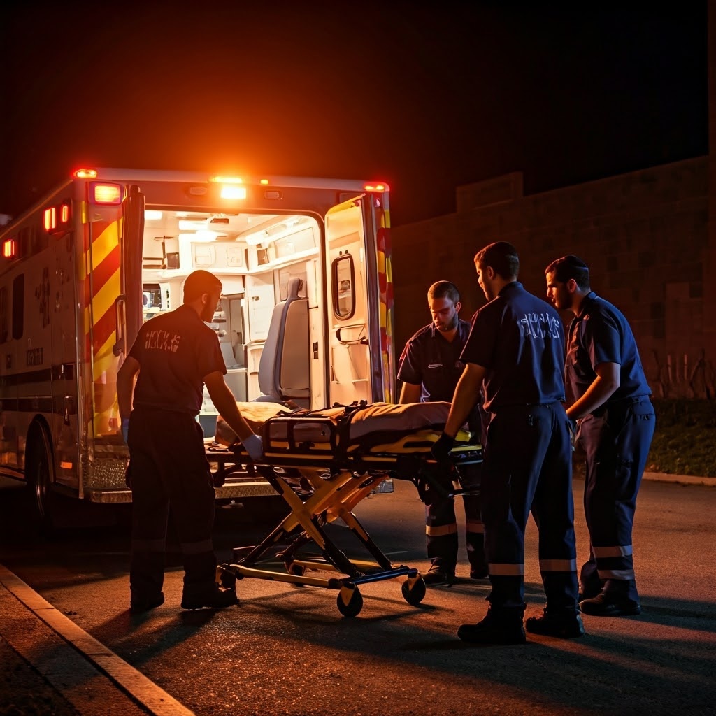 Ambulance,Being,Loaded,By,Jewish,Emts,No,Hats,Night,Scene